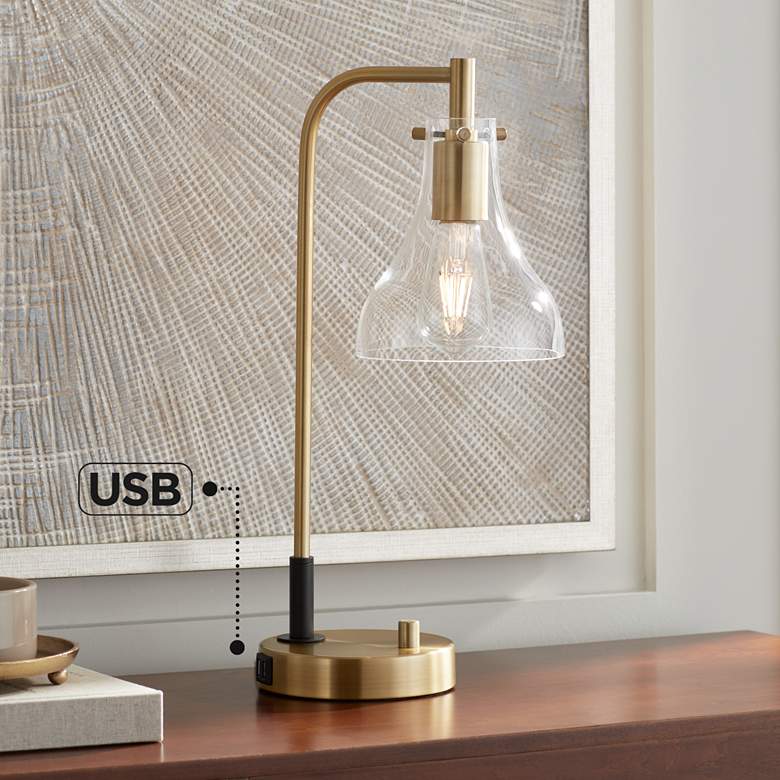 Possini Euro Kinzie 19&quot; Warm Gold Outlet and USB Desk Lamp