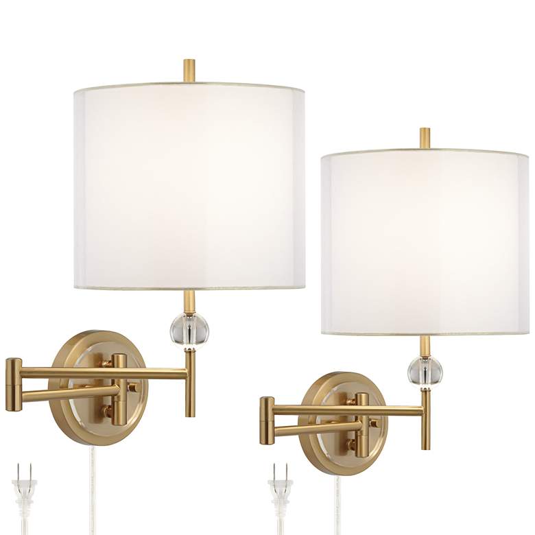 Image 2 Possini Euro Kohle Brass Plug-In Wall Lamps with Cord Covers Set of 2