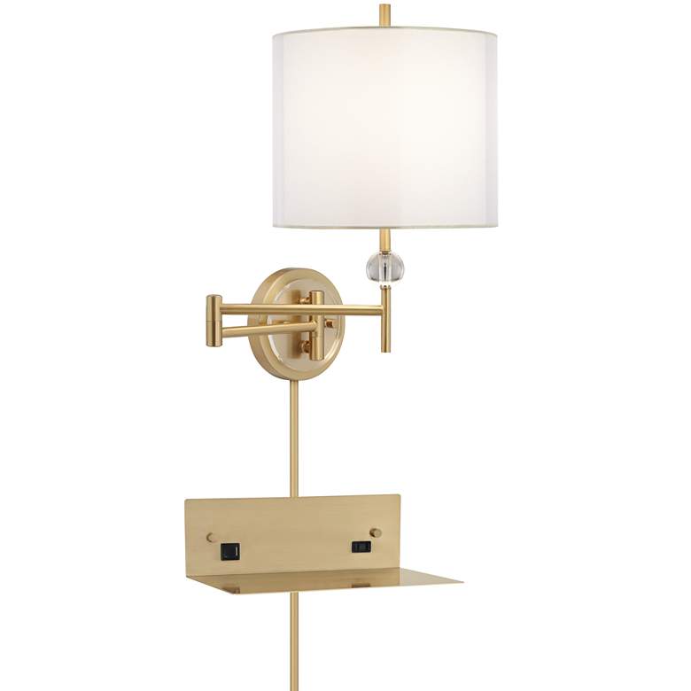 Image 1 Possini Euro Kohle Brass Swing Arm Plug-In Wall Lamp with USB-Outlet Shelf