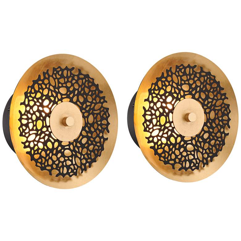 Image 3 Possini Euro Kora 8 1/2" High Black and Gold Leaf LED Wall Sconce Set