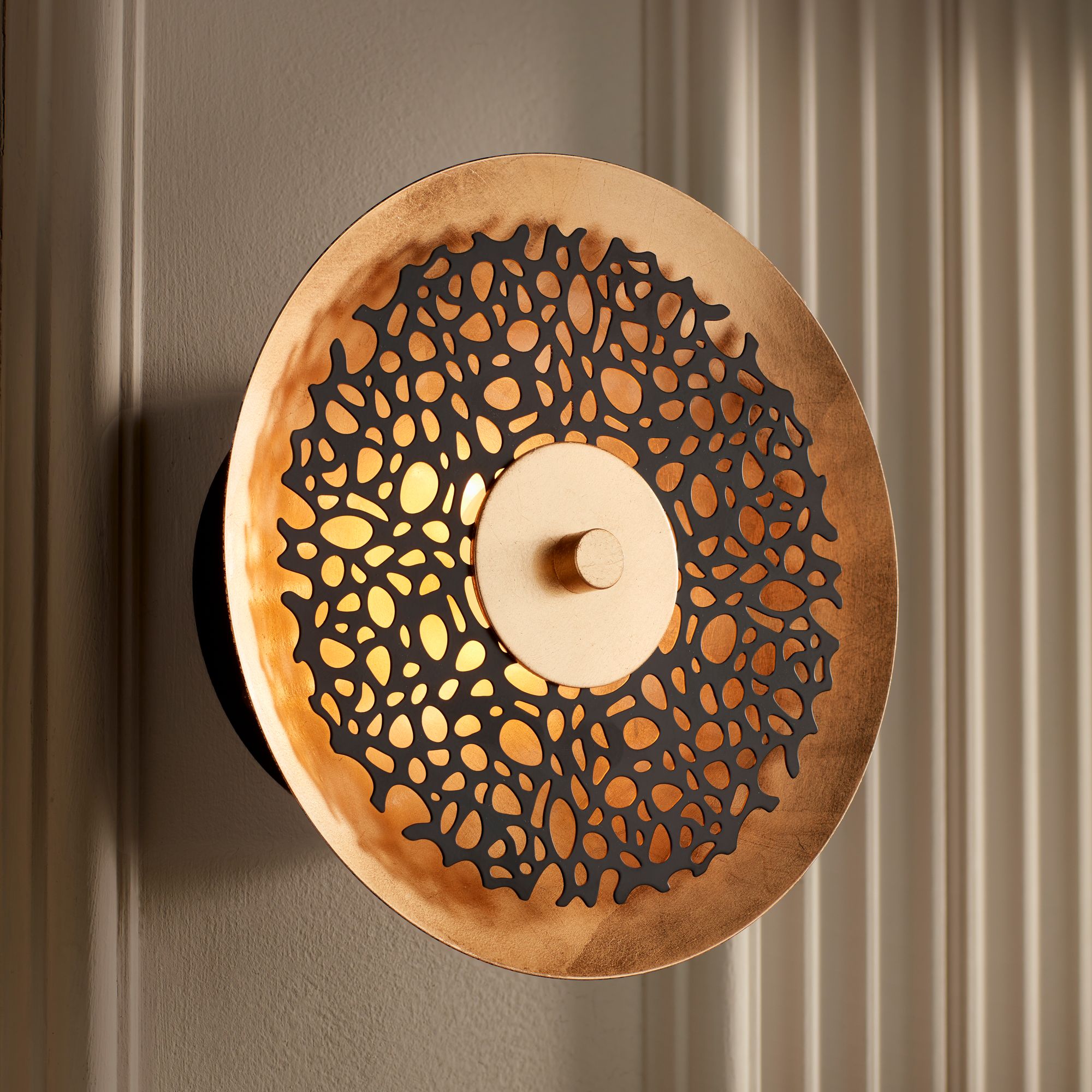 Possini Euro Kora 8 1/2" High Black and Gold Leaf LED Wall Sconce Set in scene