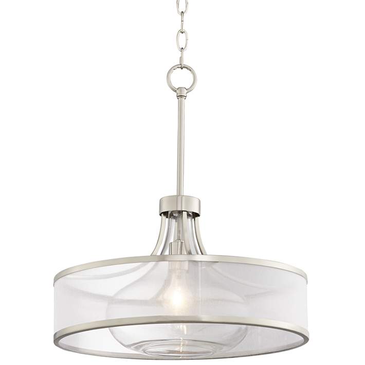 Possini Euro Design Layne Brushed Nickel Small Pendant Light 19 1/4 Wide Modern Silver Organza Drum Clear Glass Double Shade Dining Room House
