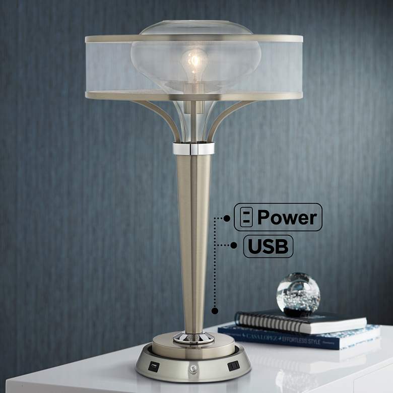 Image 1 Possini Euro Layne Brushed Nickel Table Lamp with Dimmable Workstation Base