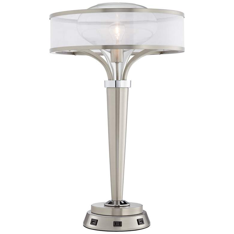 Image 1 Possini Euro Layne Brushed Nickel Table Lamp with USB Workstation Base