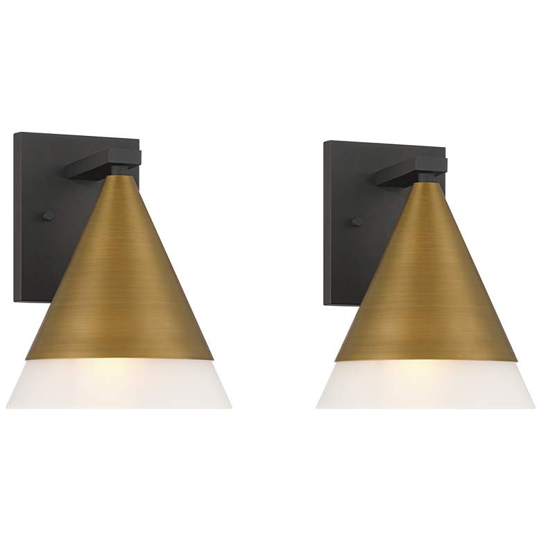 Image 2 Possini Euro Leo 10"H Sand Black and Brass Outdoor Wall Light Set of 2
