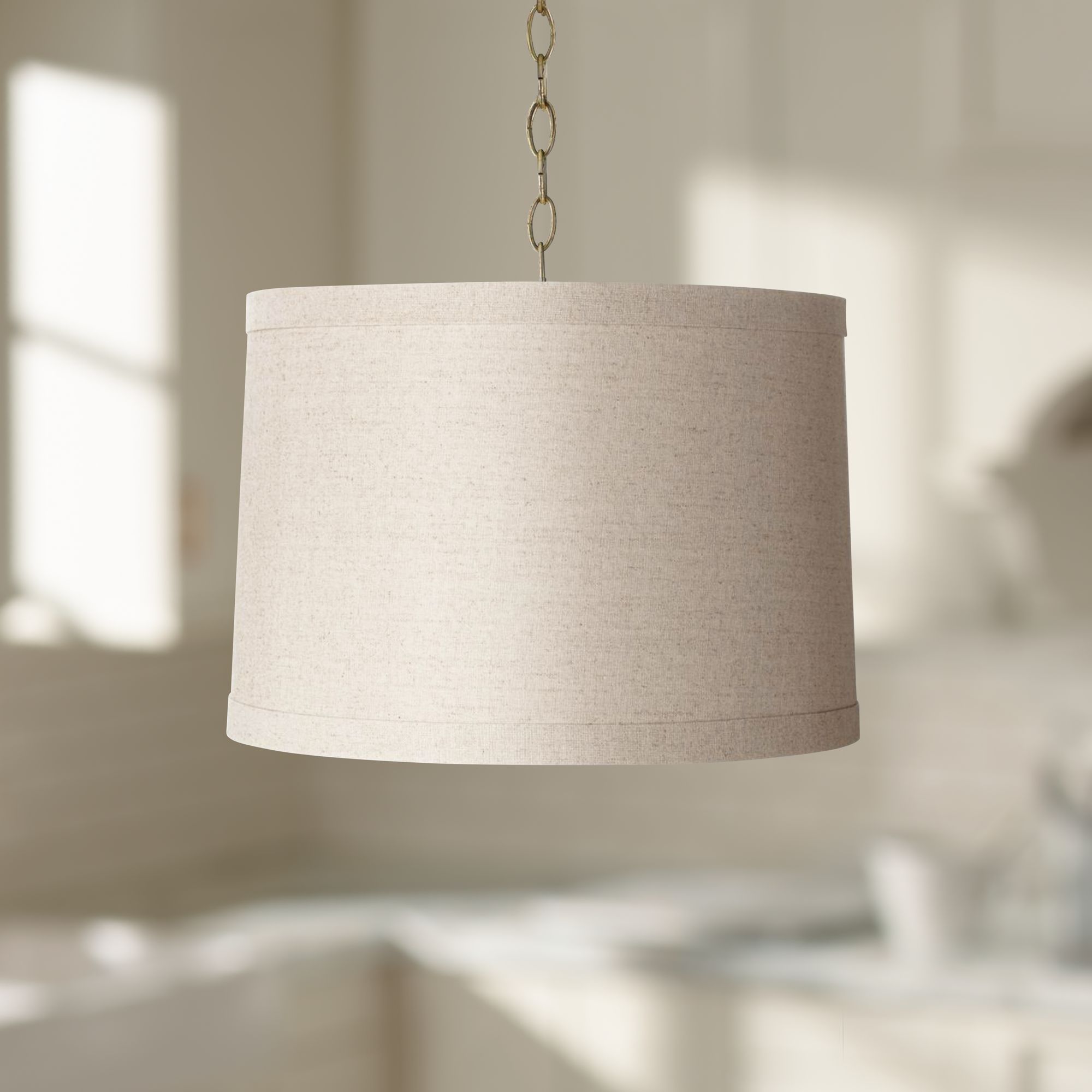 Image Possini Euro Linen Drum 16" Wide Antique Brass Shaded Pendant Light