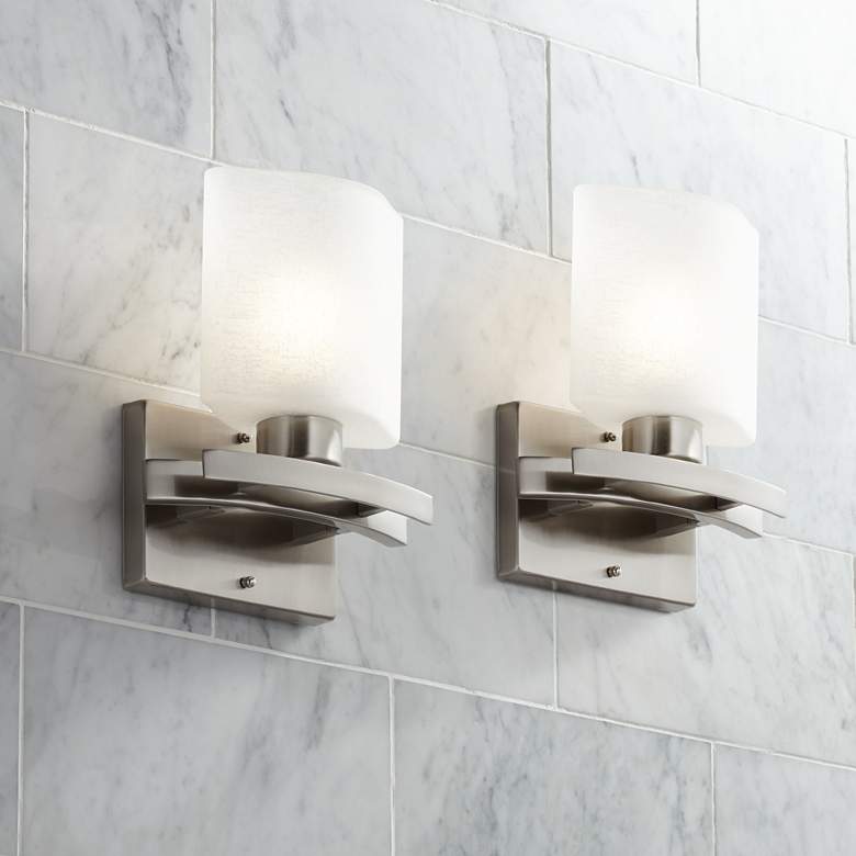 Image 1 Possini Euro Linen Glass 8 1/2"W Brushed Nickel Wall Sconce Set of 2