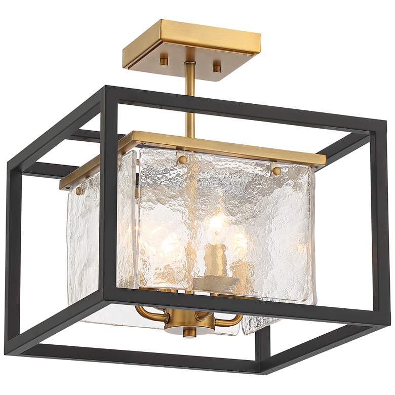 Image 2 Possini Euro Liston 14" Wide Ice Glass Black and Brass Ceiling Light