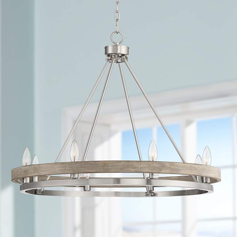 Image 1 Possini Euro Lora 29 1/4 inch Nickel Gray Wood 8-Light Ring Chandelier