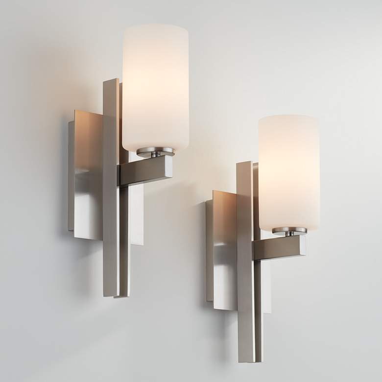 Image 1 Possini Euro Ludlow 14 inch High Brushed Nickel Wall Sconce Set of 2
