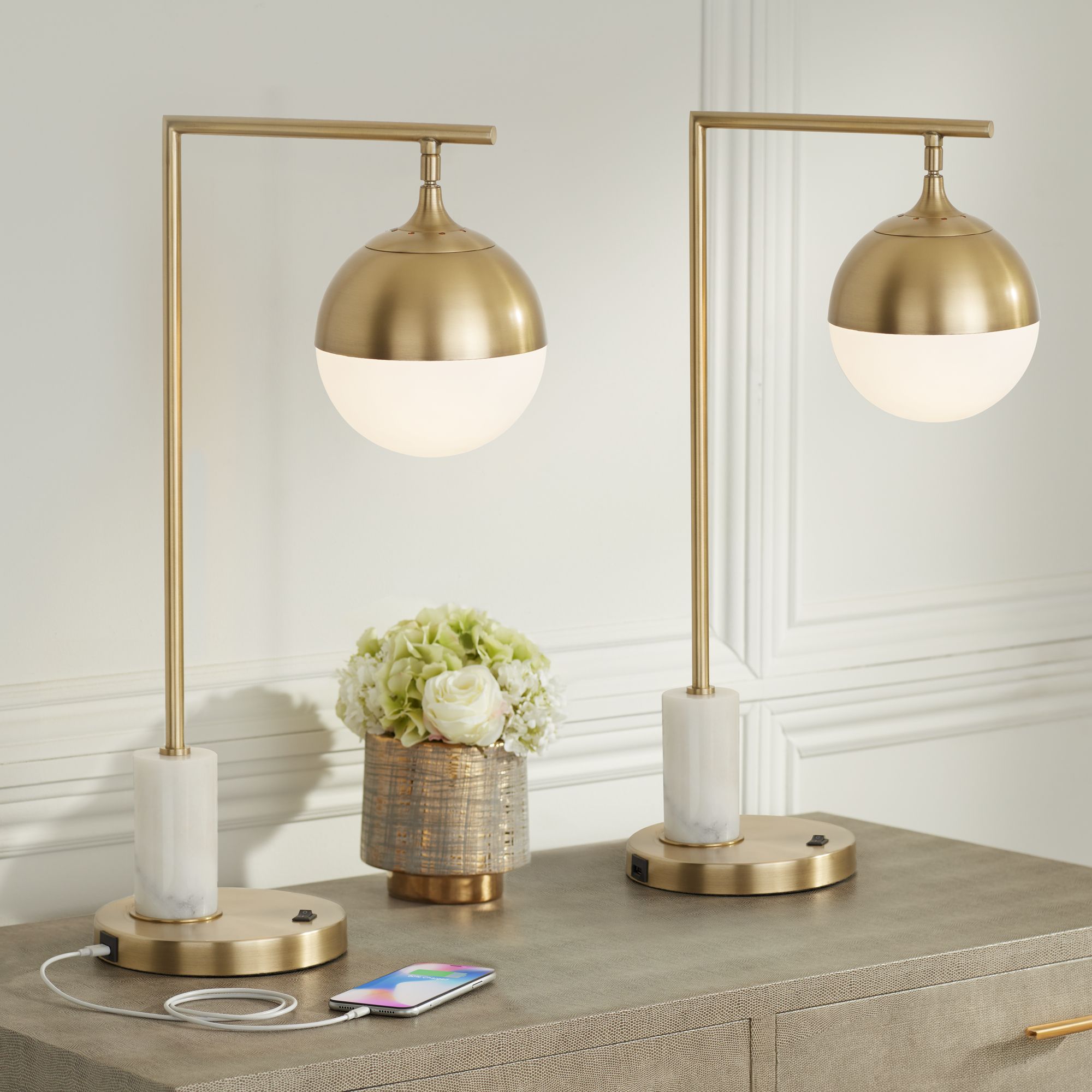 Image Possini Euro Luna Antique Brass USB Desk Lamps Set of 2