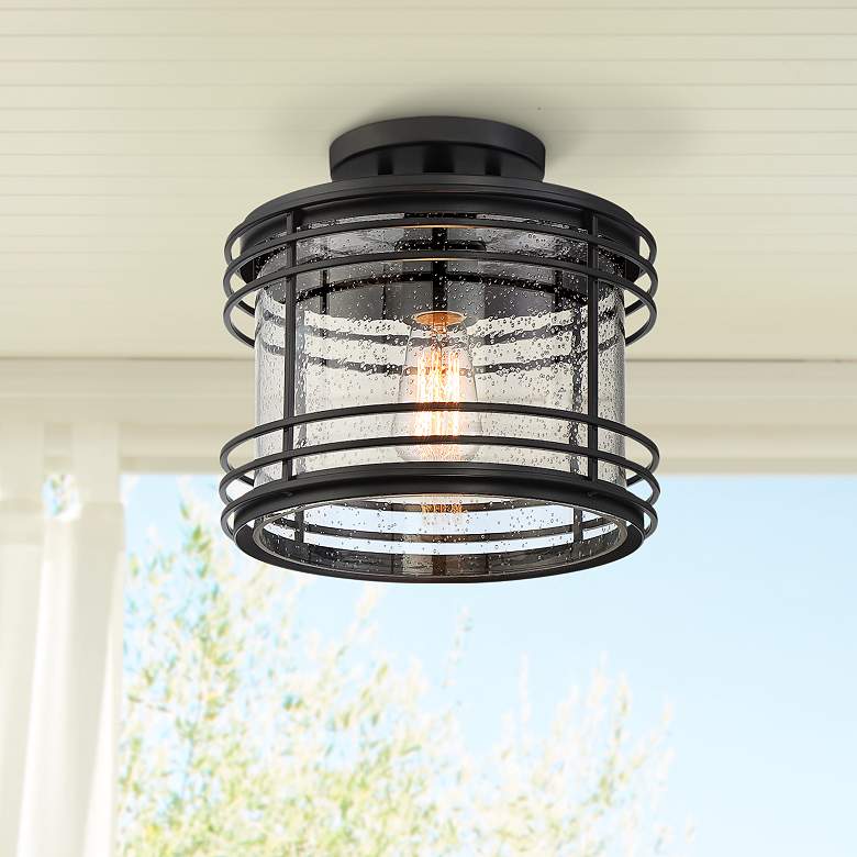 Image 1 Possini Euro Mackie 11" Wide Black Outdoor Ceiling Light
