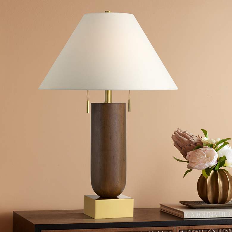 Image 1 Possini Euro Madera 27 3/4" Brass and Wood Outlet and USB Table Lamp