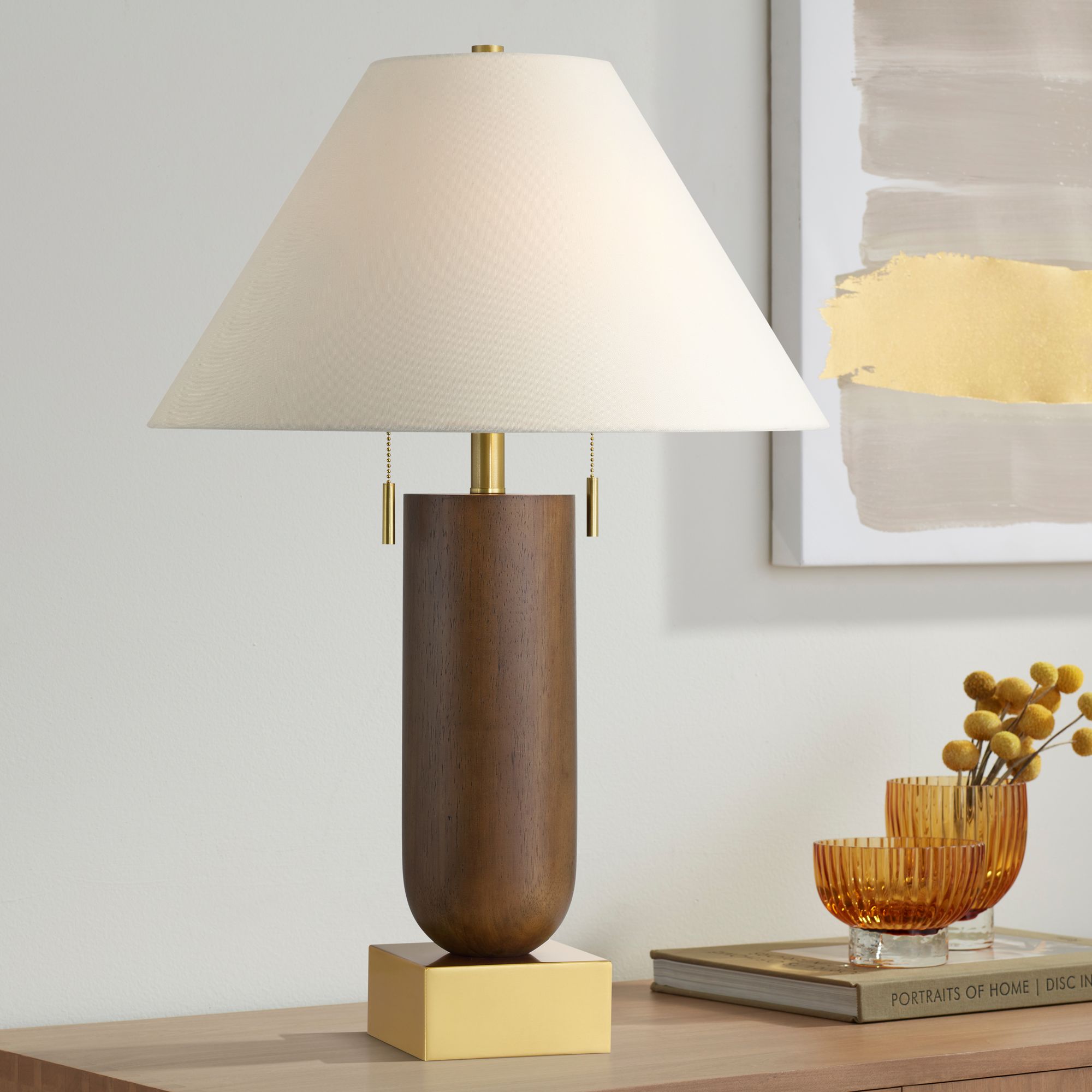 Possini Euro Madera 27 3/4" Brass and Wood Outlet and USB Table Lamp