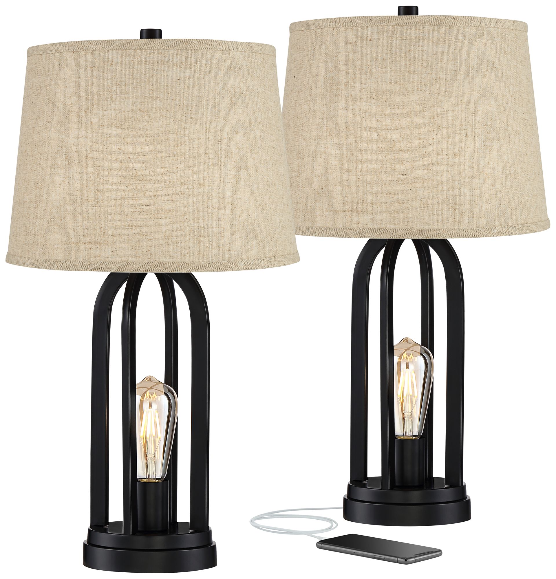 Image 2 Possini Euro Marcel 24 1/4" Black and Burlap LED USB Lamps Set of 2