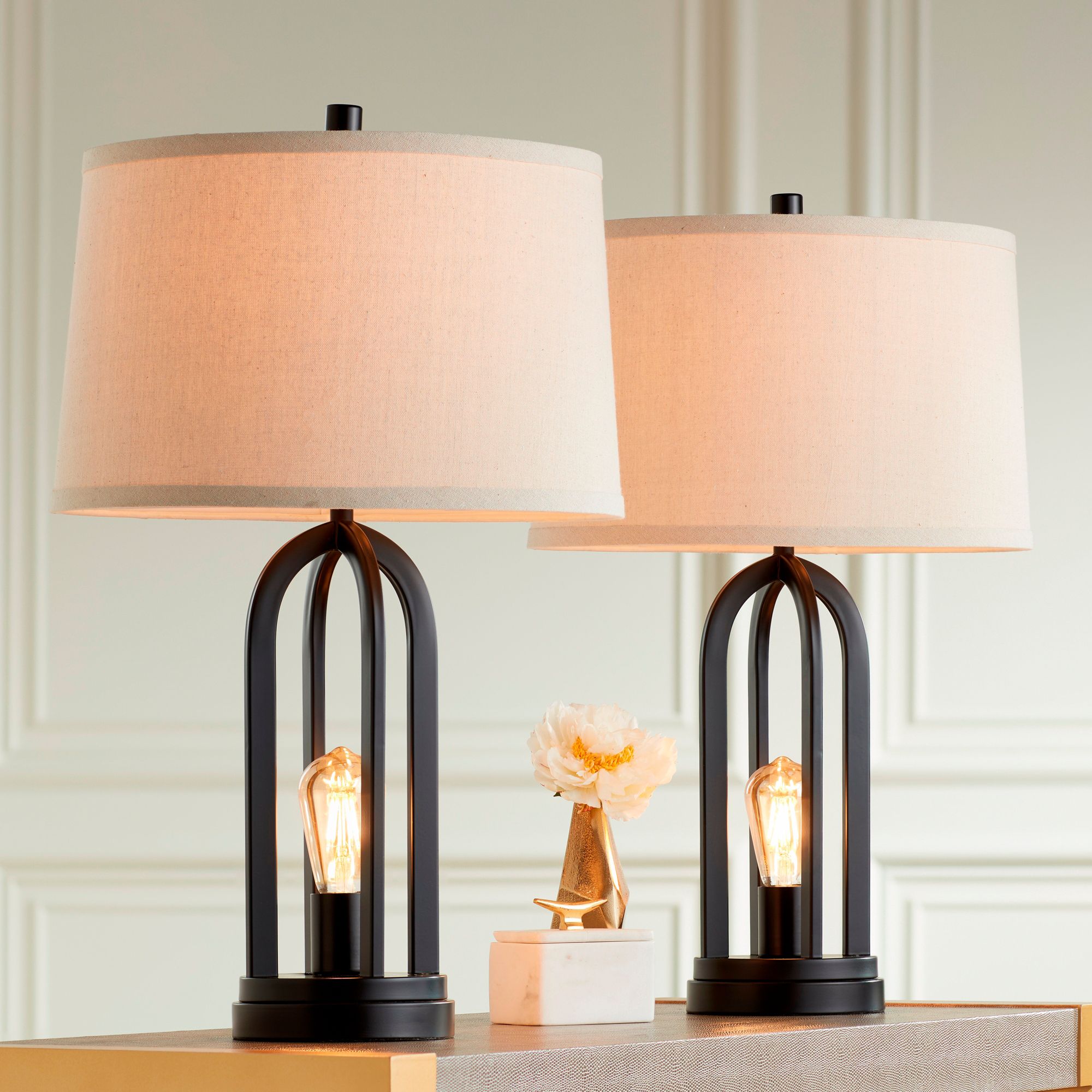 Watch A Video About the Marcel Black Finish Burlap Linen Shade LED USB Table Lamps Set of 2