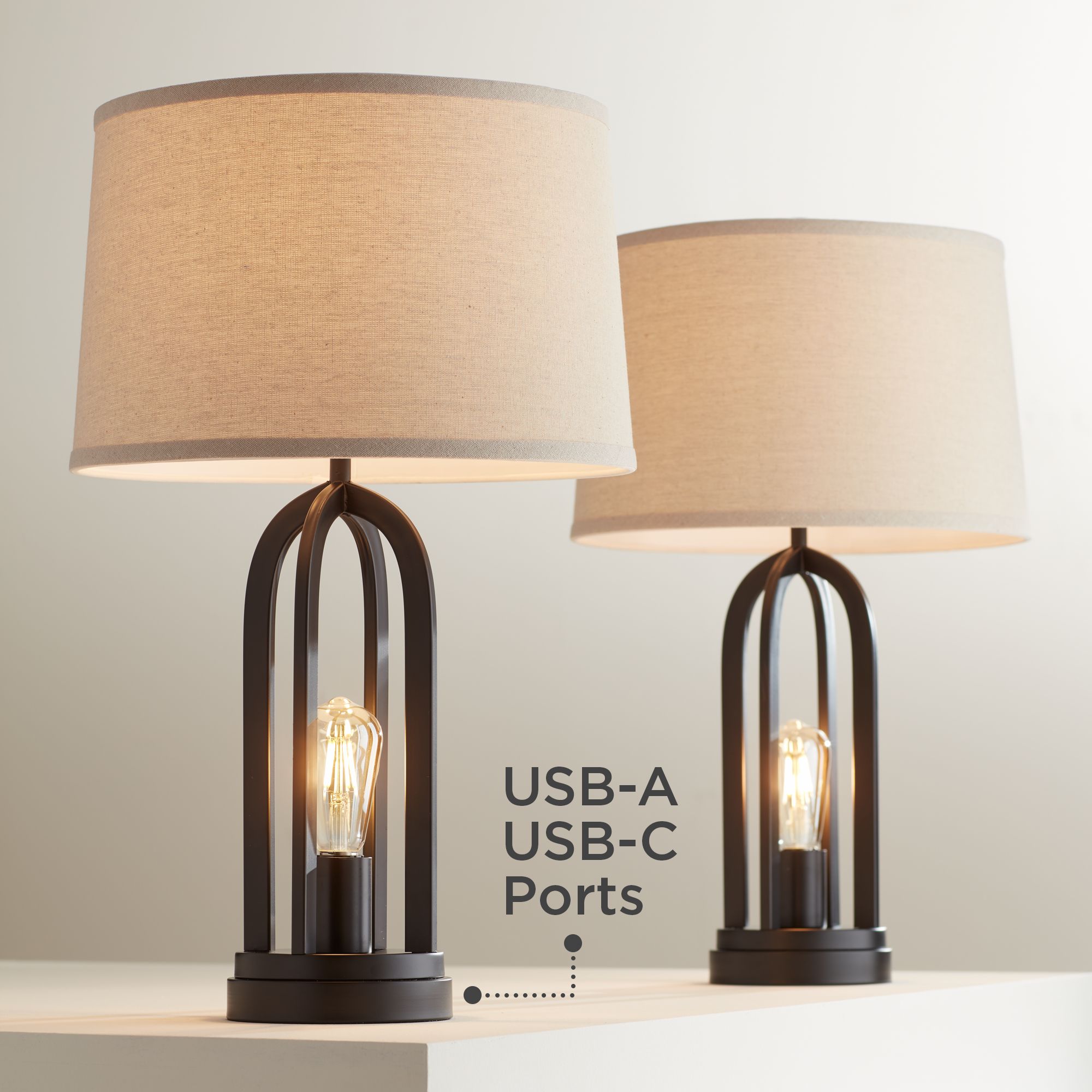 Watch A Video About the Marcel Black Finish Burlap Linen Shade LED USB Table Lamps Set of 2