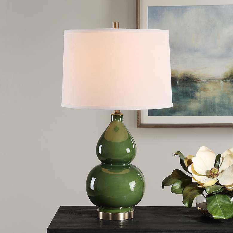 Image 1 Possini Euro Maren 26" Wide Dark Green Gourd Ceramic Table Lamp