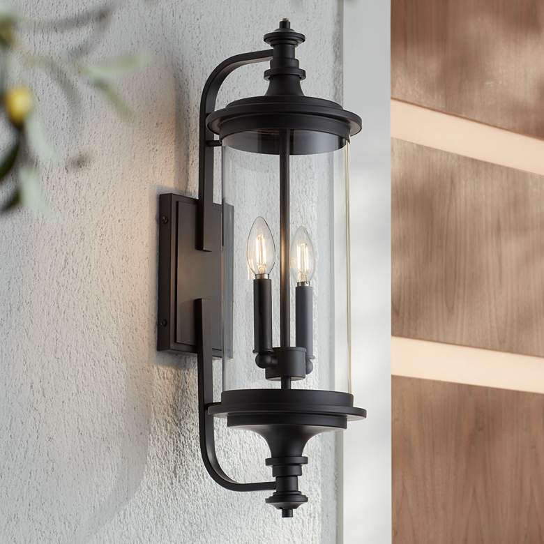 Image 1 Possini Euro Medici 24 1/2 inch Black and Glass 2-Light Outdoor Wall Light