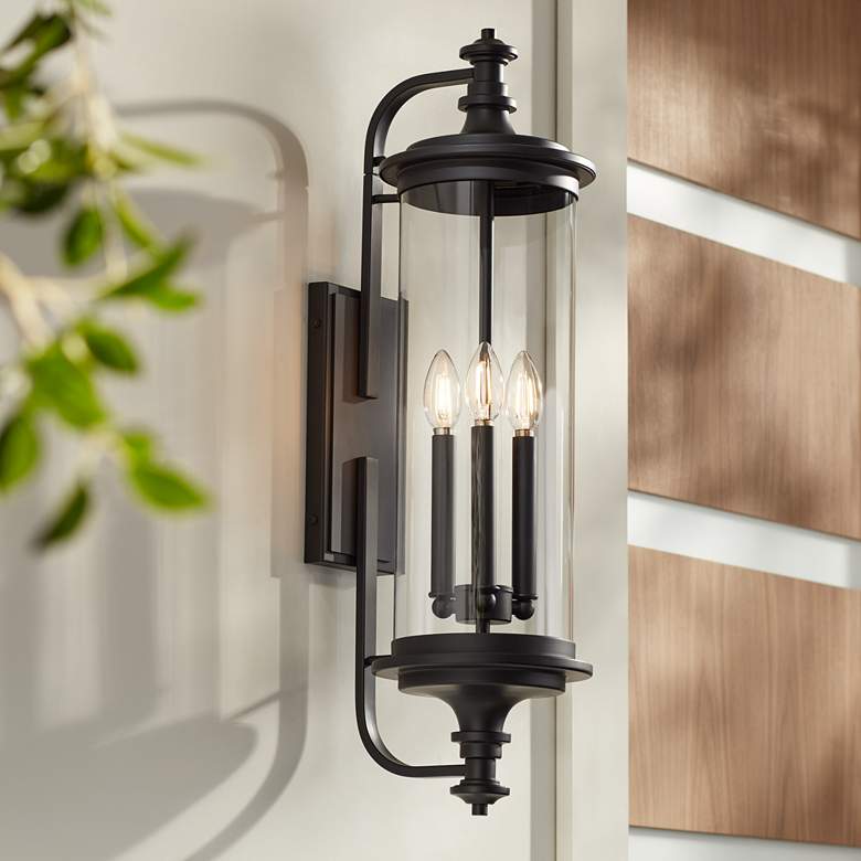 Image 1 Possini Euro Medici 28" Black Clear Glass 3-Light Outdoor Wall Light