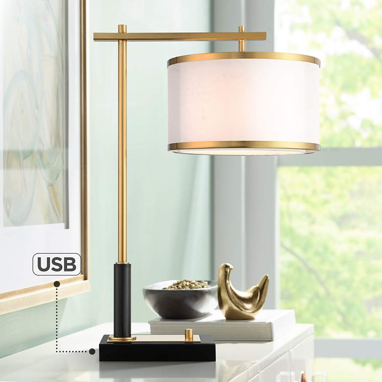 Image 1 Possini Euro Melrose Desk Lamp With Dual USB Ports in Warm Gold with Black
