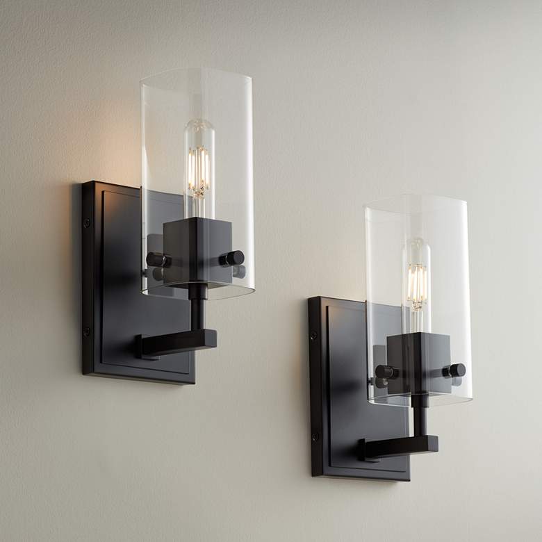 Image 1 Possini Euro Metis 10 1/2" High Black Wall Sconce Set of 2