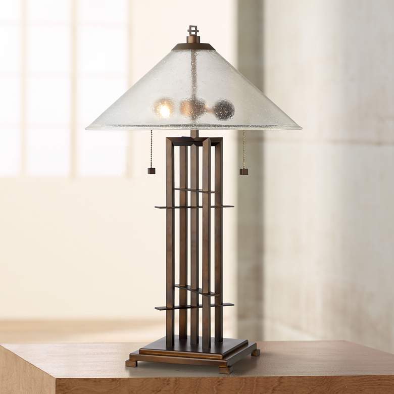 Image 1 Possini Euro Metro Bronze and Seedy Glass Table Lamp