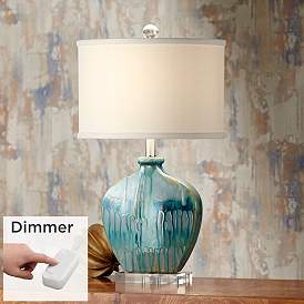 Image1 of Possini Euro Mia 25" Blue Drip Ceramic Lamp with Table Top Dimmer