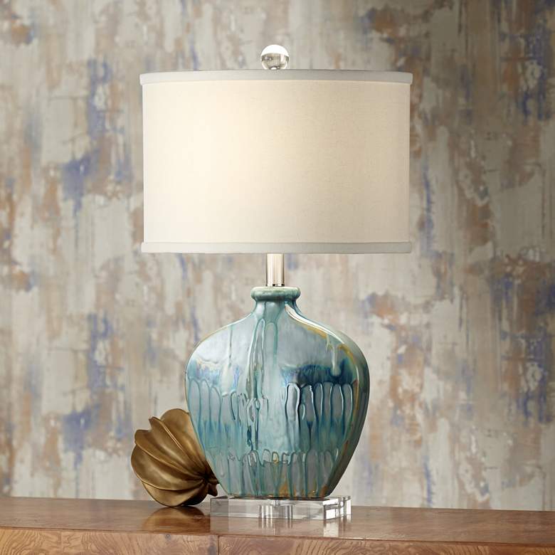 Image 1 Possini Euro Mia 25 inch Blue Drip Ceramic Lamp with Table Top Dimmer