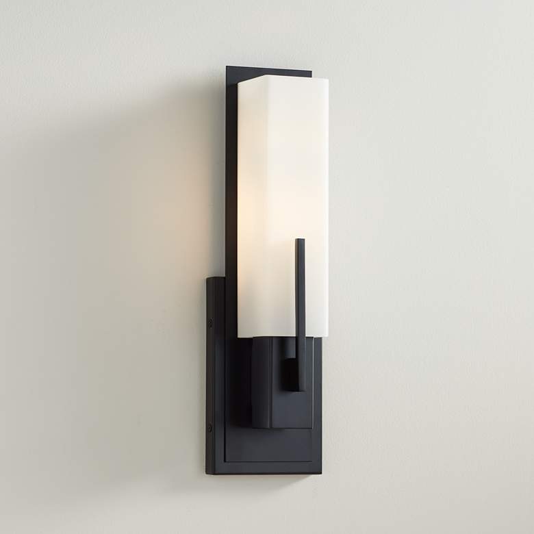 Image 1 Possini Euro Midtown 15 inch High White Glass Black Wall Sconce