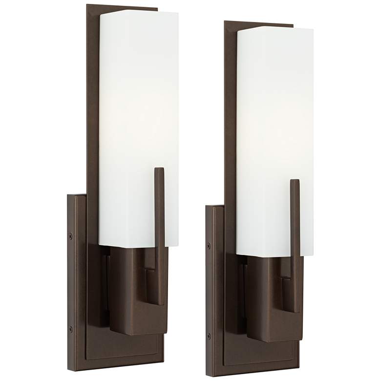 Image 2 Possini Euro Midtown 15 inch High White Glass Bronze Wall Sconce Set of 2