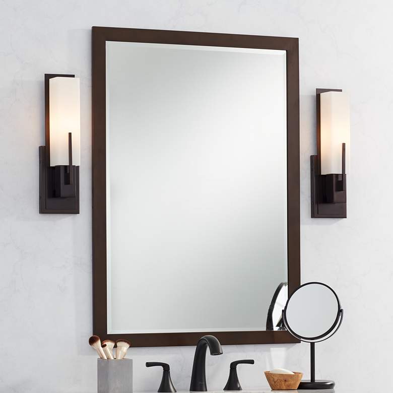 Image 1 Possini Euro Midtown 15" High White Glass Bronze Wall Sconce Set of 2