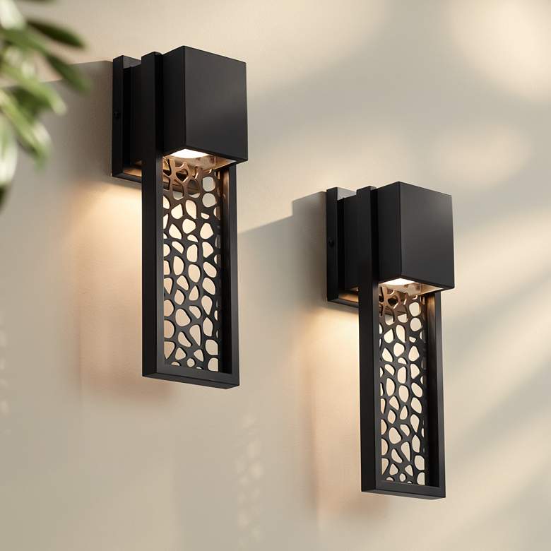 Image 1 Possini Euro Miele 16"H Matte Black Outdoor LED Wall Light Set of 2