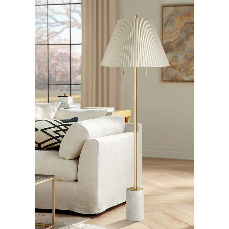 Image 1 Possini Euro Milan 66 inch Gold and Marble Floor Lamp with Pleated Shade