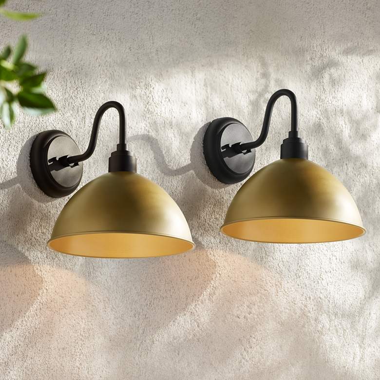 Image 1 Possini Euro Miles 12 1/2"H Black and Gold Outdoor Wall Light Set of 2
