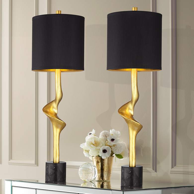 Image 1 Possini Euro Minerva Gold Leaf Black Table Lamps Set of 2