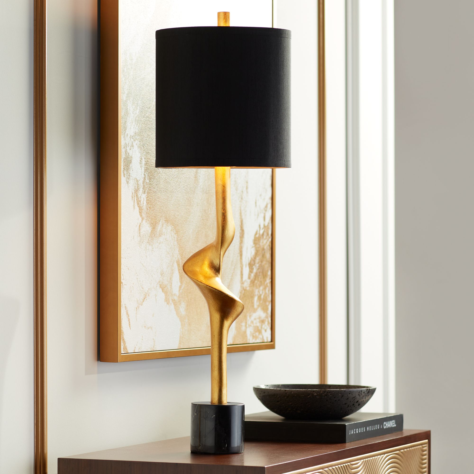 Possini Euro Minerva Gold Leaf Black Table Lamps Set of 2