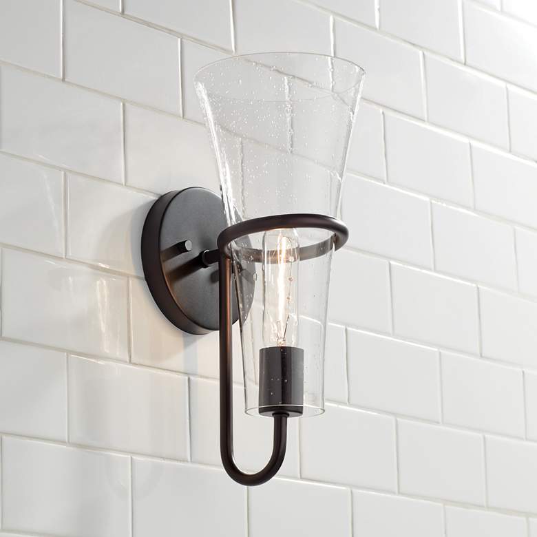 Image 1 Possini Euro Montry 14" High Bronze and Glass Wall Light