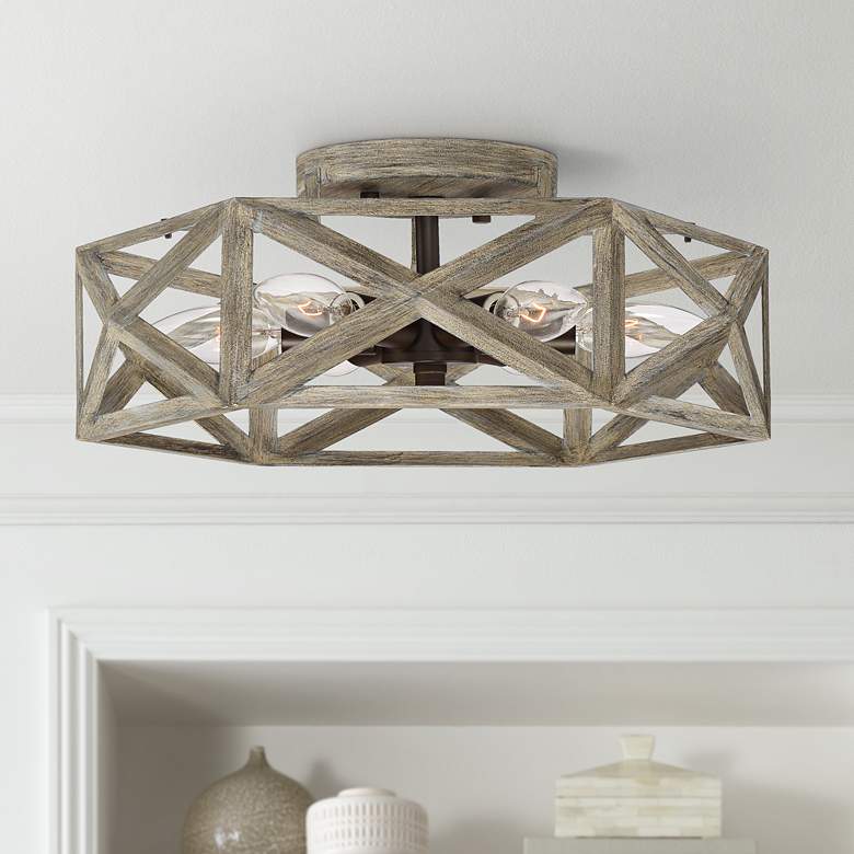 Image 1 Possini Euro Moorcroft 14 1/2 inch Geometric Wood Finish Ceiling Light
