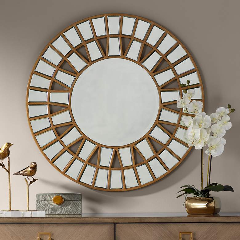 Image 1 Possini Euro Mosaic Gold Leaf 33 inch Sunburst Wheel Wall Mirror