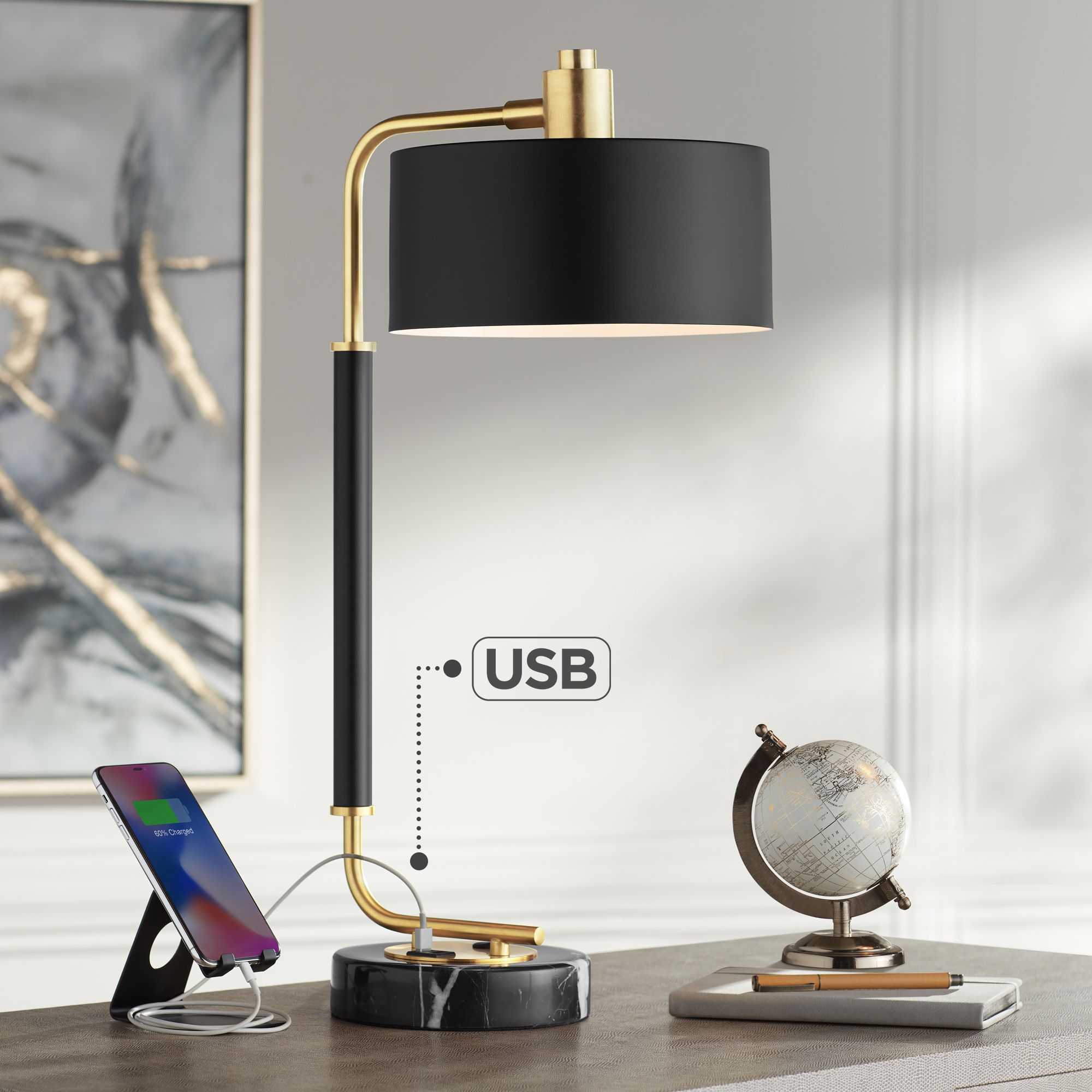 Possini Euro Myles 24" Modern Marble Base Dual USB Desk Lamp