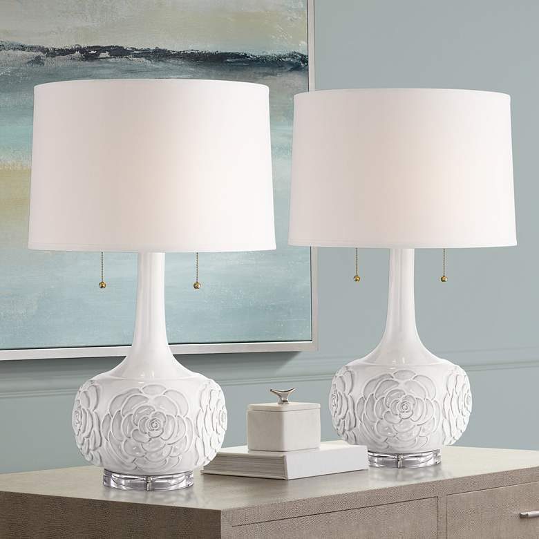 Image 1 Possini Euro Natalia 27" White Ceramic Floral Table Lamps Set of 2