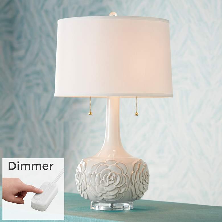 Image 1 Possini Euro Natalia 27 inch White Floral Ceramic Table Lamp with Dimmer