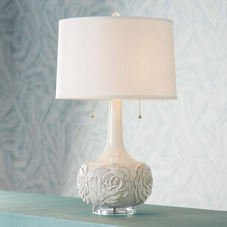 Image 1 Possini Euro Natalia 27 inch White Floral Ceramic Table Lamp with Dimmer