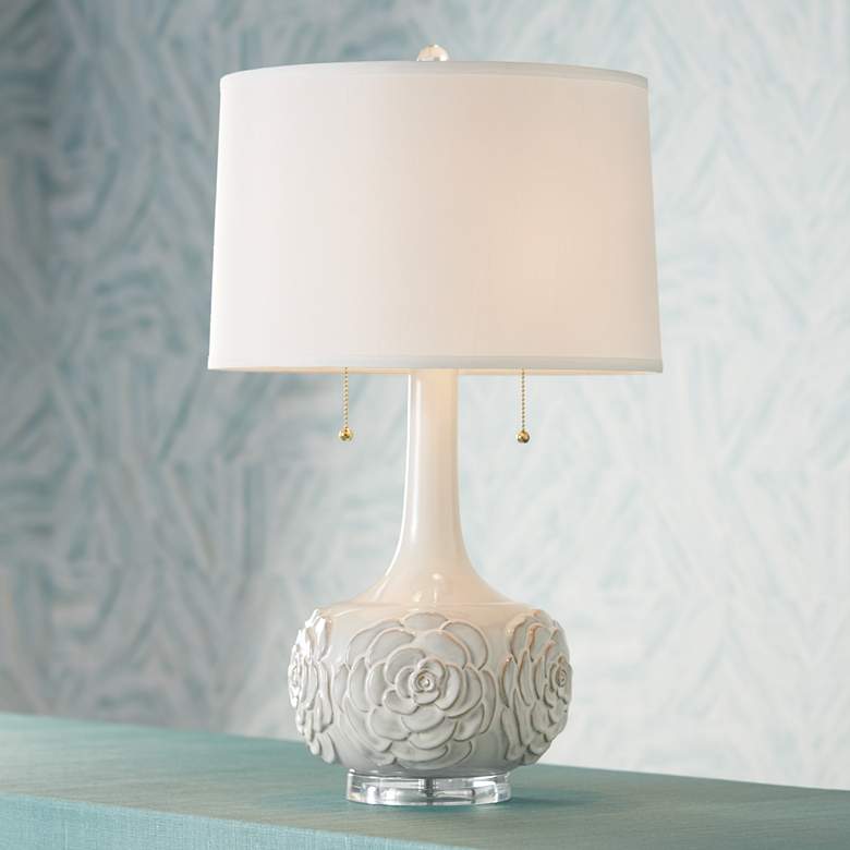 Image 1 Possini Euro Natalia 27 inch White Modern Luxe Ceramic Floral Table Lamp