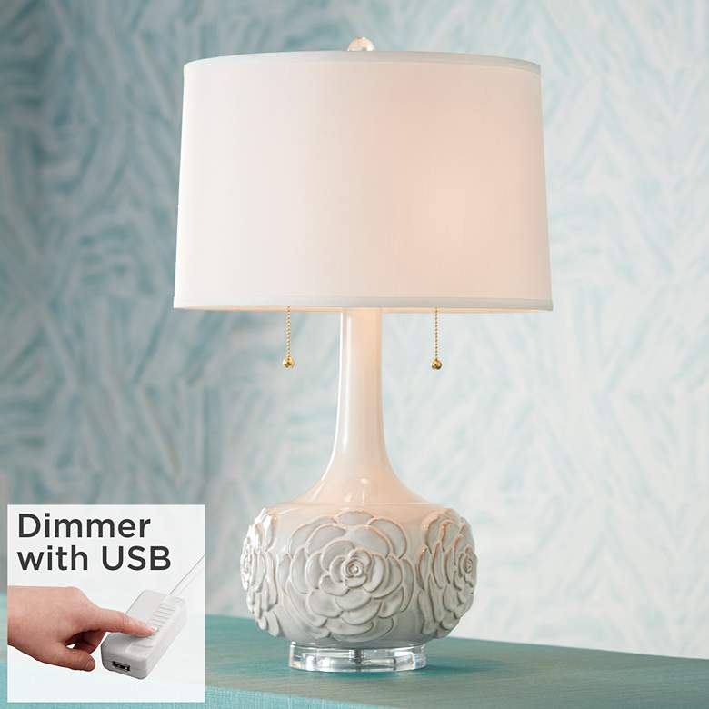 Image 1 Possini Euro Natalia White Floral Table Lamp with Dimmer with USB Port