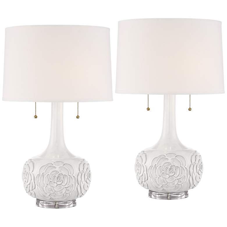 Image 1 Possini Euro Natalia White Modern Luxe Ceramic Floral Table Lamps Set of 2