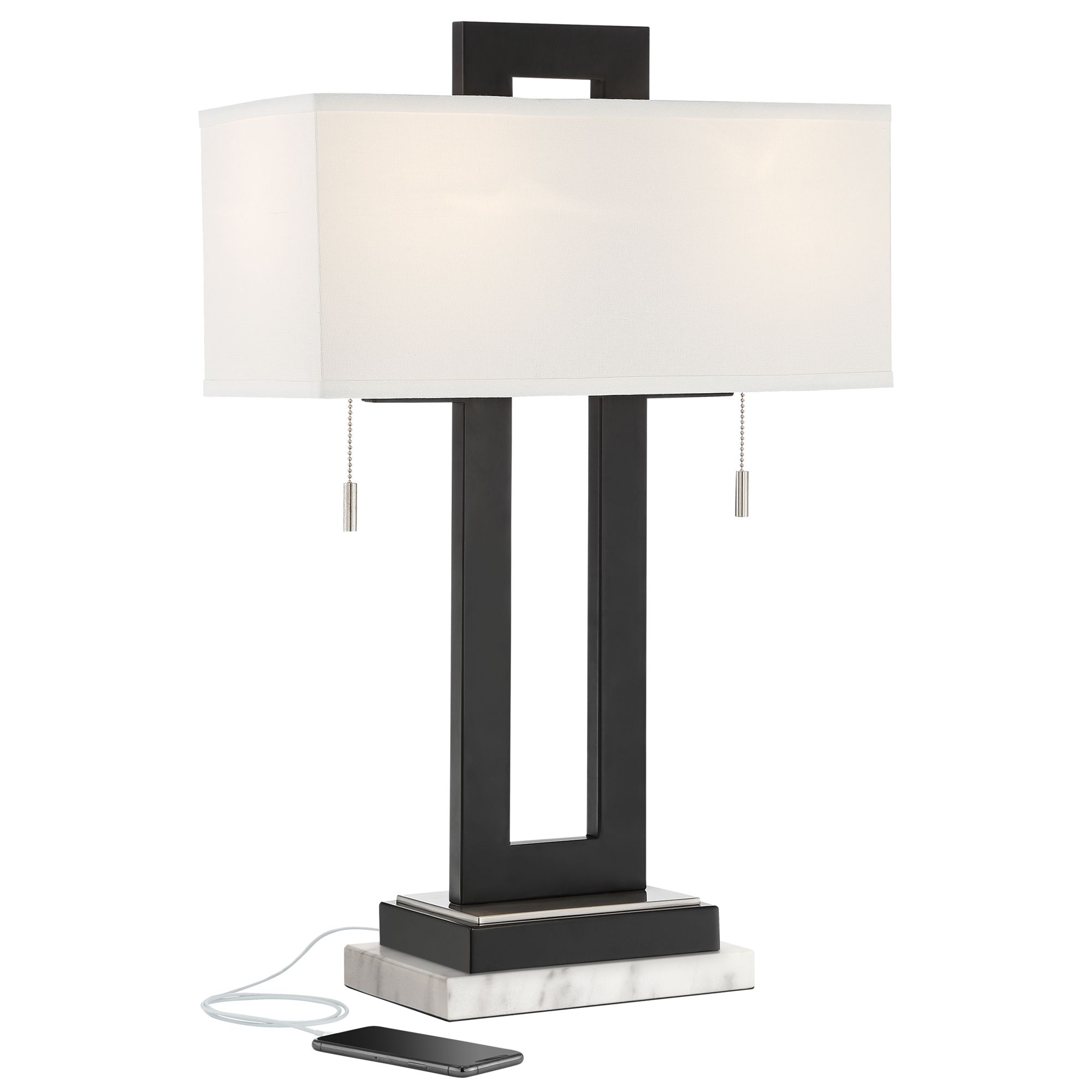 Possini Euro Neil Black Metal USB Table Lamp with White Marble Riser