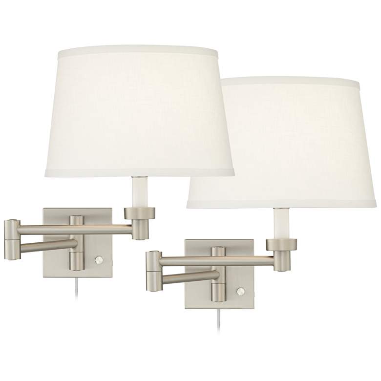 Image 2 Possini Euro Nickel and White Swing Arm Plug-In Wall Lamps Set of 2