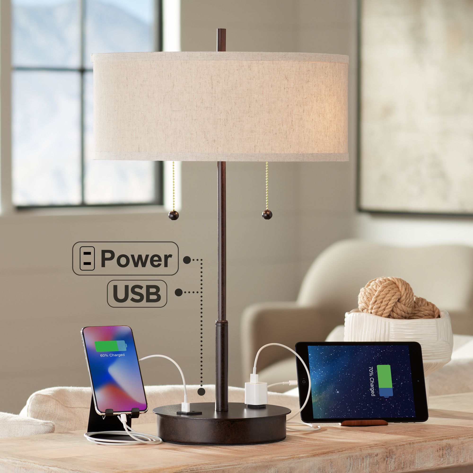 Possini Euro Nikola 23 1/2" Bronze Outlet and USB Ports Table Lamp